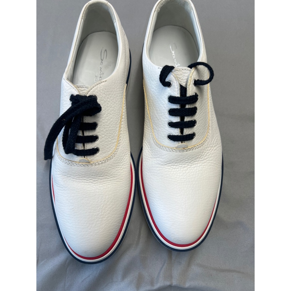 Santoni White Pebbled Leather Oxford Sneakers Red Navy Stripe Mens 9.5 3088